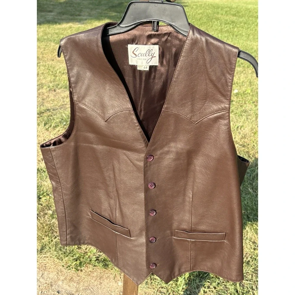 Vintage Scully Men's  44 XL Western Genuine Brown Leather Cowboy Waistcoat Vest